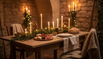 Beautifully decorated rustic wooden dining table is set for an intimate dinner with a charcuterie board, bread, and wine, illuminated by the warm glow of many candles and fairy lights