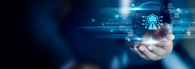 Cybersecurity concept, Businessman hold Cybersecurity icon. data protection, threat prevention, secure access, risk mitigation, network defense, digital safety