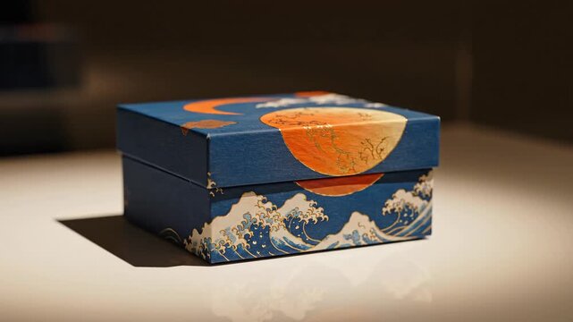 Decorative blue box with traditional wave and moon design artistic packaging container