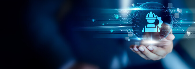 Engineering concept, Businessman hold Engineering icon. technical design, structural planning, system analysis, process innovation, project development, industrial solutions