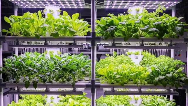 Panoramic view of a modern vertical farm growing fresh lettuce on multilevel racks. Hydroponic cultivation with led lights for sustainable urban agriculture and food production