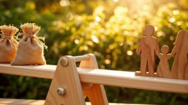 Wooden family figures and money bag on balance scale illustrating financial planning and life priorities