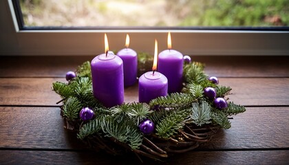 Traditional Advent Wreath With Purple Candles Celebrating The First Sunday Of Advent
