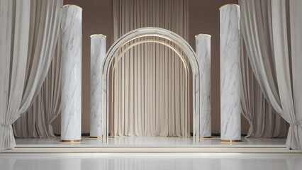 Luxury White Arch Interior with Golden Ambient Lighting, for stage background