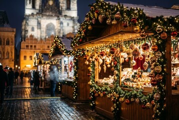 Fototapeta premium Beautifully decorated wooden Christmas market stall adorned with glowing fairy lights, shiny ornaments, and green garlands at a festive European-style winter fair at night