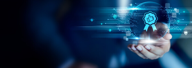 Quality Assurance concept, Businessman hold Quality Assurance icon. process checking, product validation, error prevention, standard compliance, performance testing, reliability control