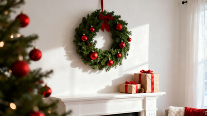 A Christmas wreath with red ornaments is hanging on a fireplace, creating a festive holiday atmosphere.