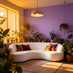 Obraz premium A cozy living room with a purple wall, white sofa, and various houseplants under natural light.