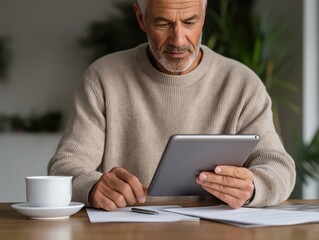 Mature man in cozy sweater sits at wooden table, engaging with tablet while enjoying coffee, surrounded by papers, illustrating modern remote work lifestyle and comfort