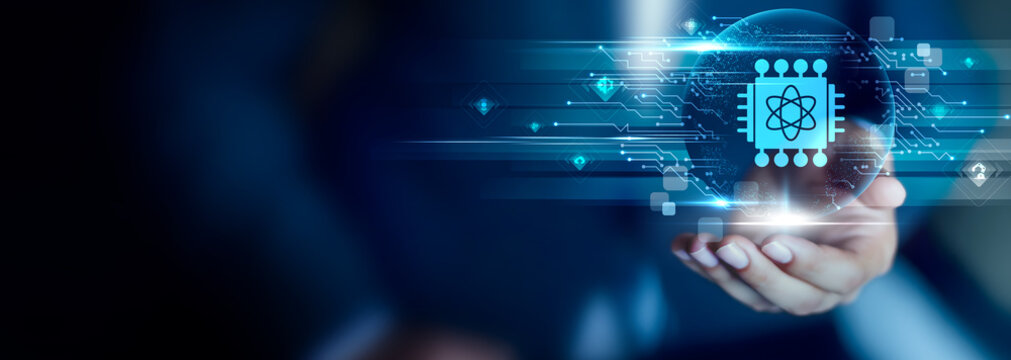 Quantum Computing concept, Businessman hold Quantum Computing icon. advanced processing, qubit power, future algorithms, high-speed computation, scientific innovation, next-gen technology