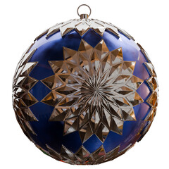 A Christmas ornament accented with polished metal parts, combining festive color and reflective metallic details. Elegant, modern, and highly detailed, ideal for premium holiday graphics.