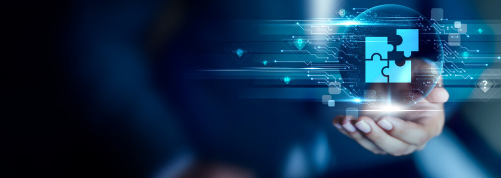 Solutions concept, Businessman hold Solutions icon. problem solving, strategic planning, efficient outcomes, process improvement, business clarity, smart execution