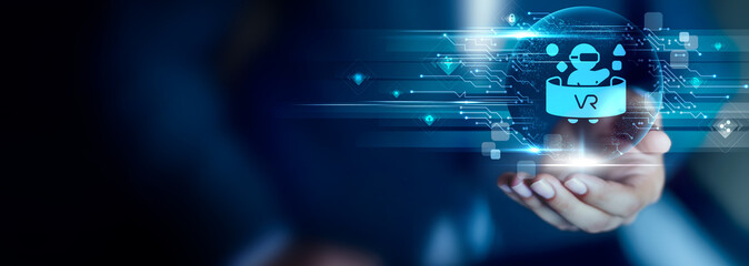 Virtual Reality concept, Businessman hold Virtual Reality icon. immersive worlds, 3D simulation, interactive experience, digital environments, virtual training, modern innovation