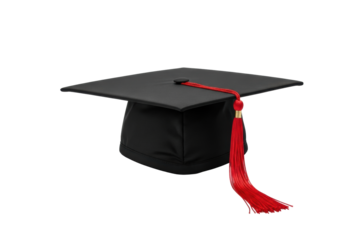 A pristine black matte graduation mortarboard with a vibrant red tassel, isolated on a transparent background with soft shadows, symbolizing academic achievement