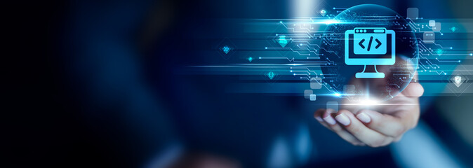 Web Development concept, Businessman hold Web Development icon. site creation, coding structure,...