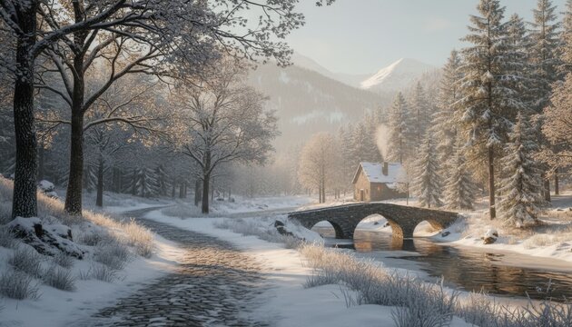 Serene snowy winter landscape with a cobblestone path leading to a stone bridge and a cozy cottage nestled in a forest with mountains in the background during a golden sunrise - Powered by Adobe