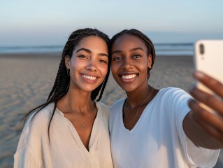 Two smiling young women with braided hair taking a selfie on a sandy beach during sunset, capturing joyful moments and friendship in a beautiful coastal setting