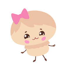 Vector illustration of a cute mushroom with smiling face and pink bow. Flat isolated vegetable object.