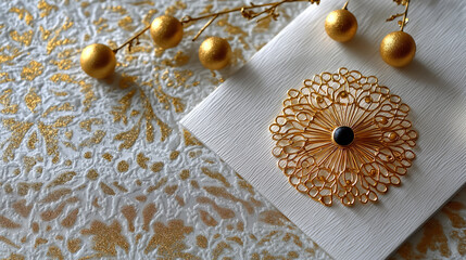 White matte background with a small metallic ornament shadow, almost empty composition, luxurious minimalism