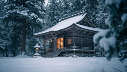 Traditional wooden temple stands snow-covered in a serene winter forest, its intricately designed roof and warm glowing windows creating a peaceful, inviting scene amidst the cold landscape