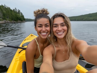 Two smiling women enjoying a fun kayaking adventure on a serene lake surrounded by lush greenery, capturing a joyful moment in nature with copy space