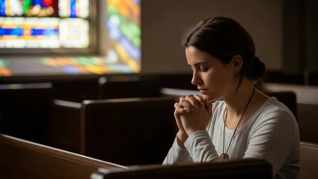 Young adult caucasian woman praying alone in a quiet church sanctuary with hands clasped. Devout female parishioner seeking solace and spiritual connection through contemplation