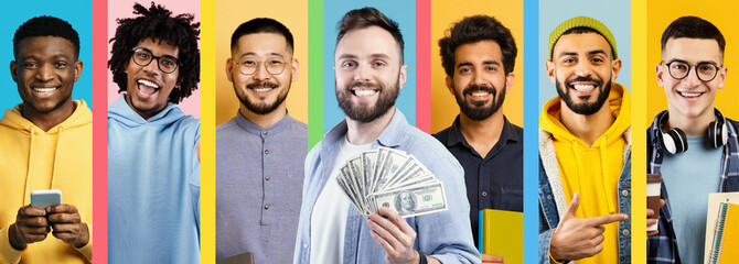 Obraz premium A cheerful group of men stands against a bright, colorful background, showcasing their happiness and success. They hold money and phones, reflecting positive energy and camaraderie.
