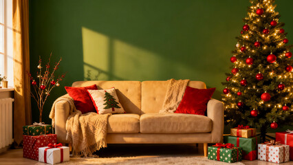 A cozy Christmas living room with a sofa, decorated tree, and gifts, creating a festive and warm atmosphere.