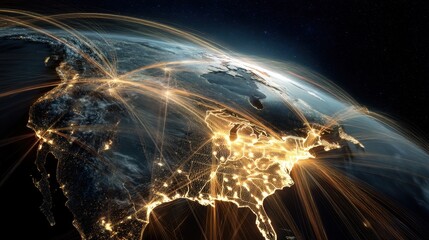 The bright lights of cities and towns across North America at night. Lines of light connect different areas representing a network of roads and routes.