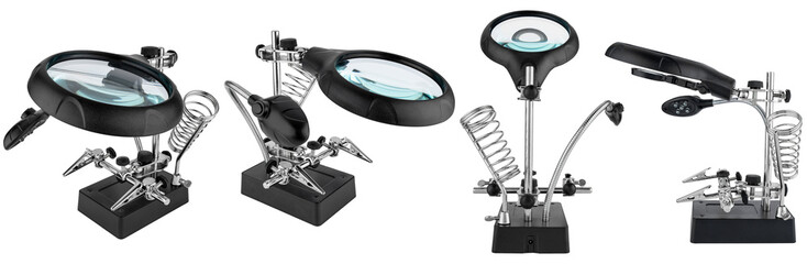 Magnifying glass for soldering printed circuit boards with a metal stand. On a white background in isolation