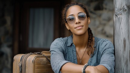 Portrait of a beautiful black woman with braided hair, wearing sunglasses and a blue shirt, leaning against a wooden wall next to a vintage suitcase in front of a rustic cabin. 