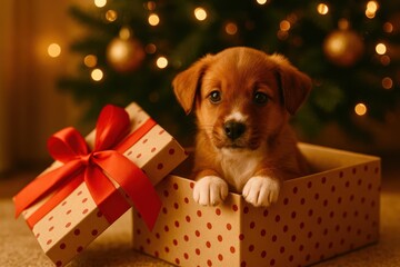 A small dog is sitting in a red and white box with a red bow