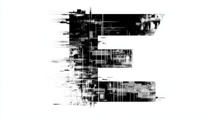 Distinctive letter E styled in a glitchy hacker font, showcasing a blend of thin lines and digital distortion against a clean white backdrop