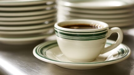 A coffee cup sits on a small plate next to a stack of white plates in a busy diner. Customers are enjoying their breakfast during morning hours.