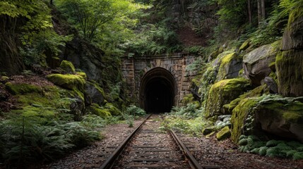 Tracks lead into a dark tunnel set in a forest. Green plants and moss cover rocks nearby. Sunlight filters through trees creating a natural setting around the tunnel entrance.