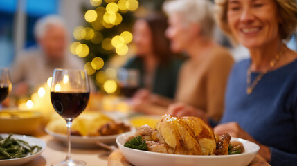 Festive meal with people in home dinner christmas celebration with food night reunion gathering above view family feast thanksgiving evening together defocused holiday table