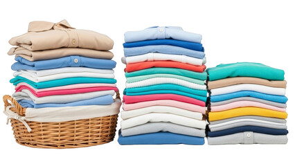 A colorful stack of clean folded cotton clothes and t-shirts forms a neat textile pile