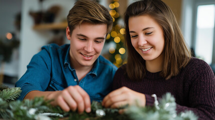 Faceless happy couple decorating home for christmas holidays preparation together festive decoration activity seasonal home celebration family tradition moment