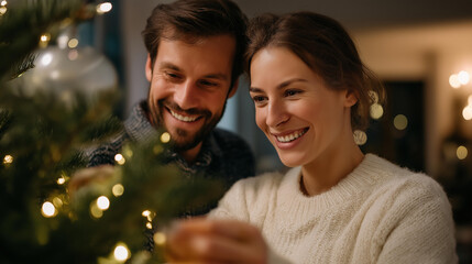 Faceless happy couple decorating home for christmas holidays preparation together festive decoration activity seasonal home celebration family tradition moment
