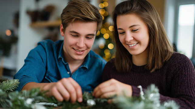 Faceless happy couple decorating home for christmas holidays preparation together festive decoration activity seasonal home celebration family tradition moment - Powered by Adobe