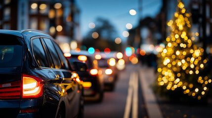 Fototapeta premium Traffic jam in street at night during christmas historical architecture backdrop holiday season congestion festive urban scene winter city atmosphere defocused vehicle