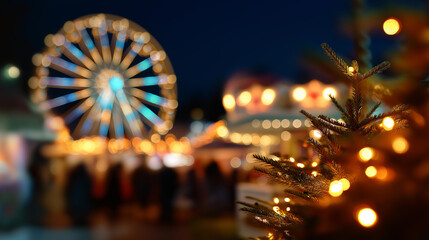 Christmas market with illuminated ferris wheel festive holiday fair seasonal celebration attraction winter entertainment venue carnival lighting display defocused amusement