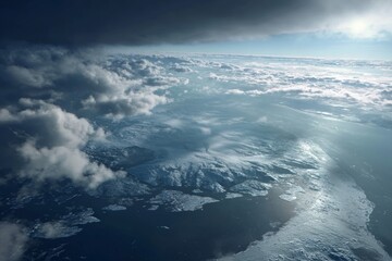 Obraz premium Dark Clouds Over Northwest Passage With Cinematic Lighting in Arctic Scene Showcasing Icy Waters and Landmass Structures