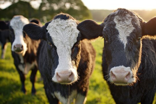 Three Belted Galloway Cows in a Green Field During Sunset With Clear Details and Realistic Lighting