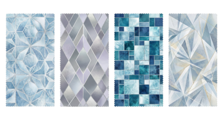 Winter geometric patterns set with frozen ice and silver foil textures. Abstract blue frost backgrounds for Christmas and holiday design