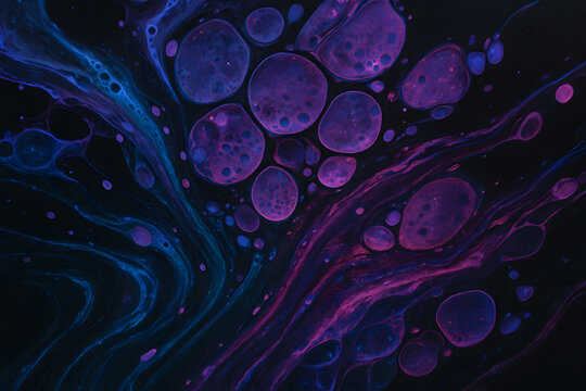 Abstract Cosmic Fluid Art with Neon Purple and Blue Cells Background