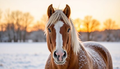 Obraz premium Horse standing in snow during sunset with trees in background 