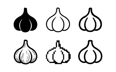 Diverse garlic icon set: silhouette, outline, and pixel art variations