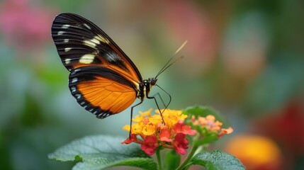 A butterfly is perched on a colorful flower in a garden. The butterfly has orange wings with black patterns. The surrounding flowers display bright hues. Sunlight shines on the scene.