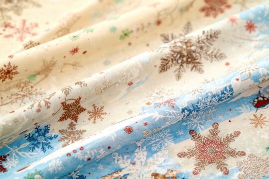 A piece of fabric with snowflakes and a red bird on it